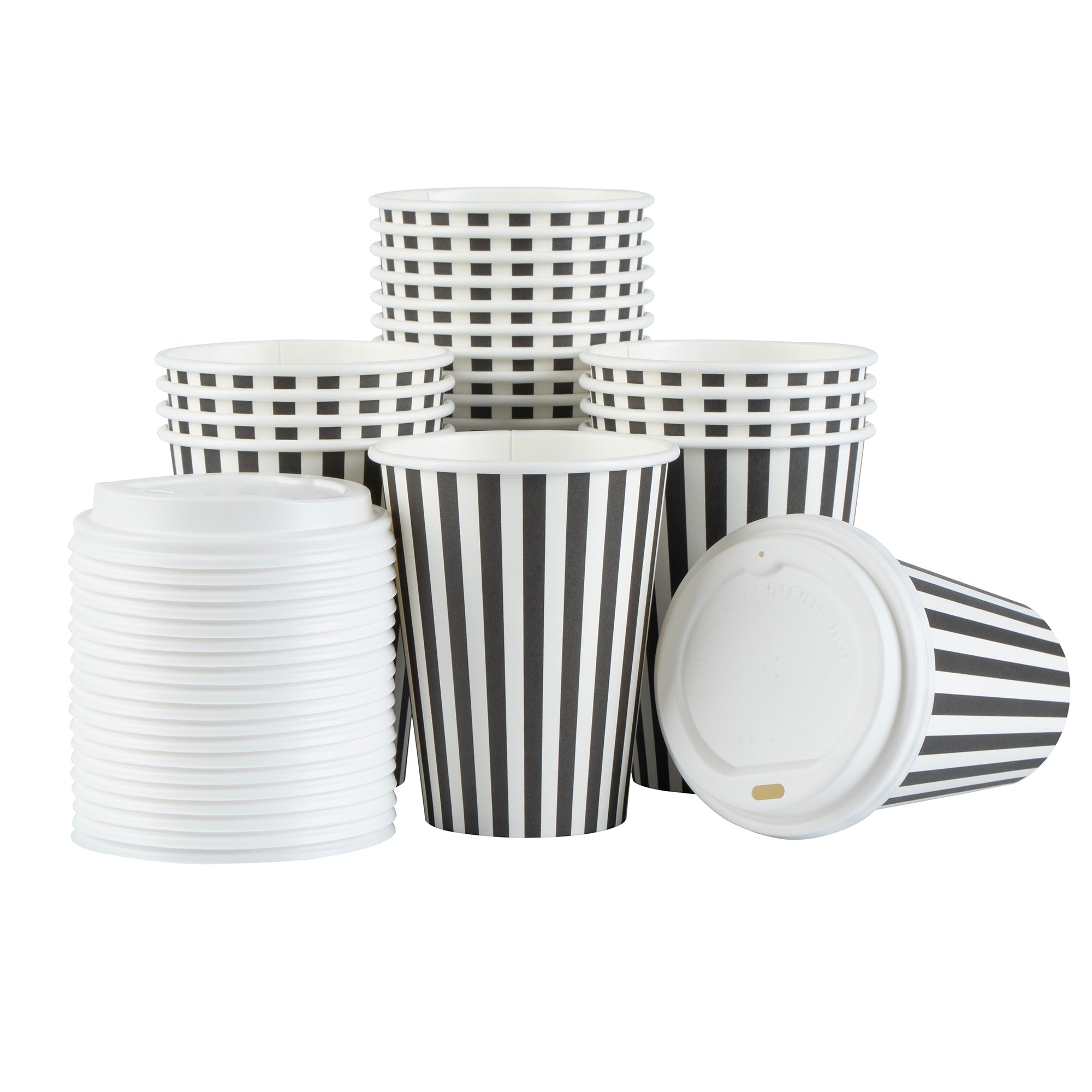 Restpresso 12 oz Black and White Stripe Paper Single Wall Coffee Cup - with White Lid - 3 1/2"x 3 1/2"x 4 3/4" - 20 count box