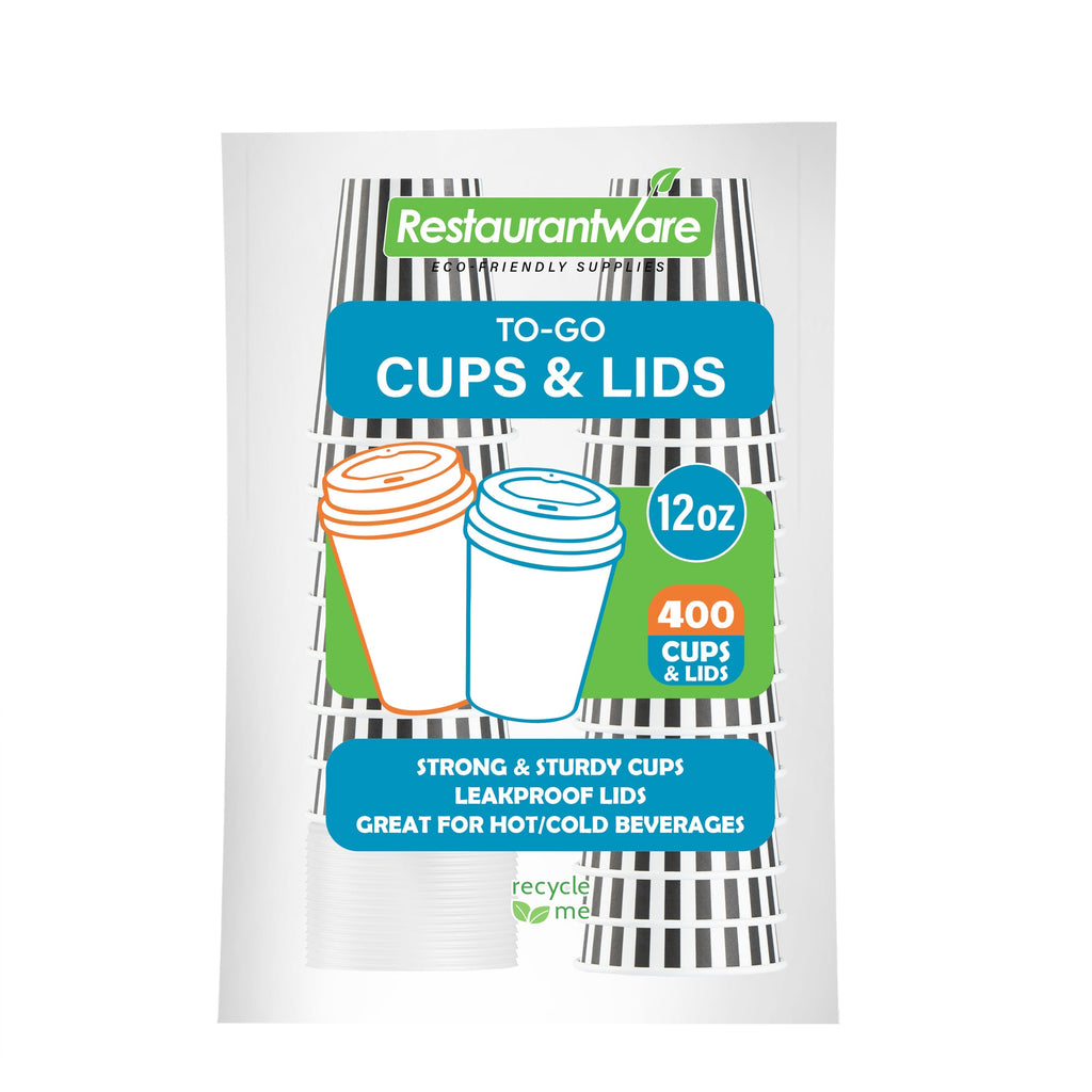 Restpresso 12 oz Black and White Stripe Paper Single Wall Coffee Cup - with White Lid - 3 1/2"x 3 1/2"x 4 3/4" - 20 count box