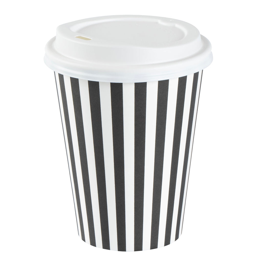 Restpresso 12 oz Black and White Stripe Paper Single Wall Coffee Cup - with White Lid - 3 1/2"x 3 1/2"x 4 3/4" - 20 count box
