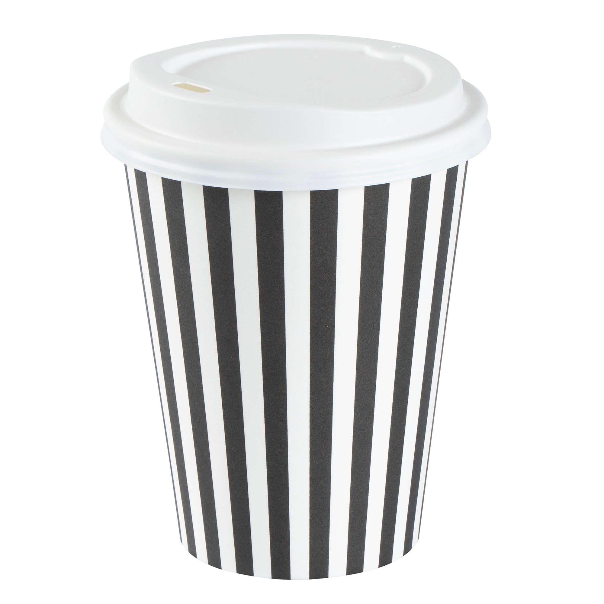 Restpresso 12 oz Black and White Stripe Paper Single Wall Coffee Cup - with White Lid - 3 1/2"x 3 1/2"x 4 3/4" - 20 count box