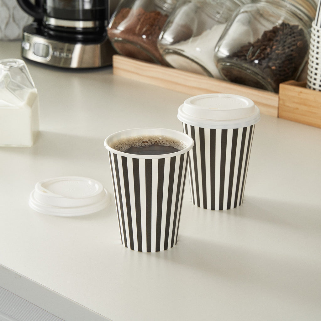 Restpresso 12 oz Black and White Stripe Paper Single Wall Coffee Cup - with White Lid - 3 1/2"x 3 1/2"x 4 3/4" - 400 count box