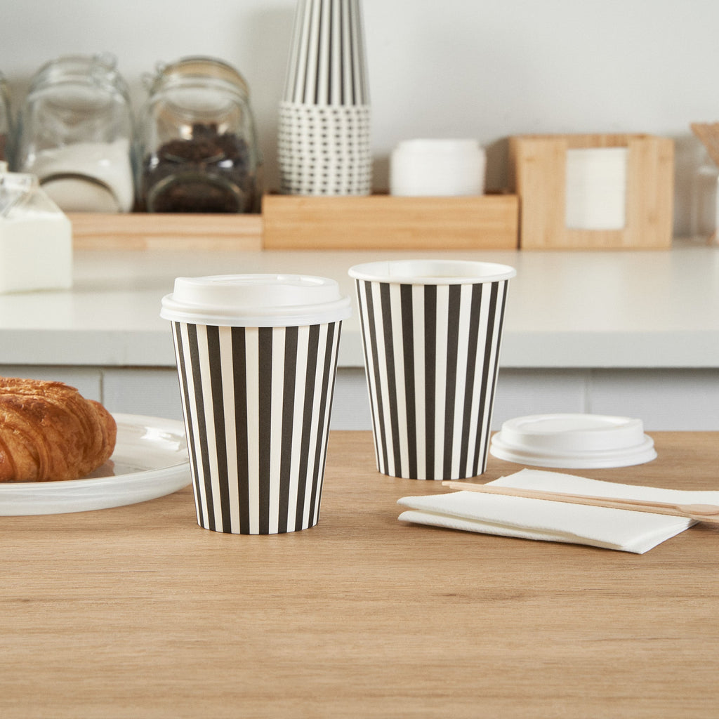 Restpresso 12 oz Black and White Stripe Paper Single Wall Coffee Cup - with White Lid - 3 1/2"x 3 1/2"x 4 3/4" - 400 count box