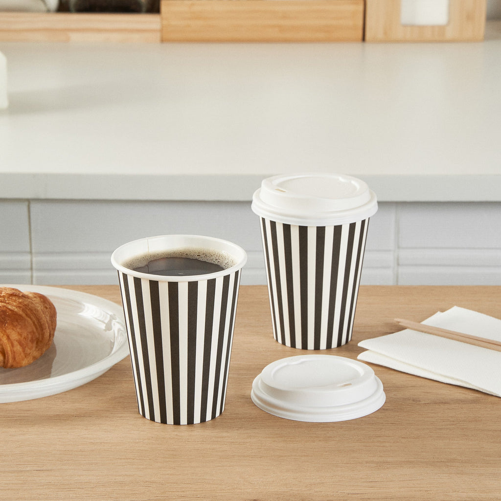 Restpresso 12 oz Black and White Stripe Paper Single Wall Coffee Cup - with White Lid - 3 1/2"x 3 1/2"x 4 3/4" - 400 count box