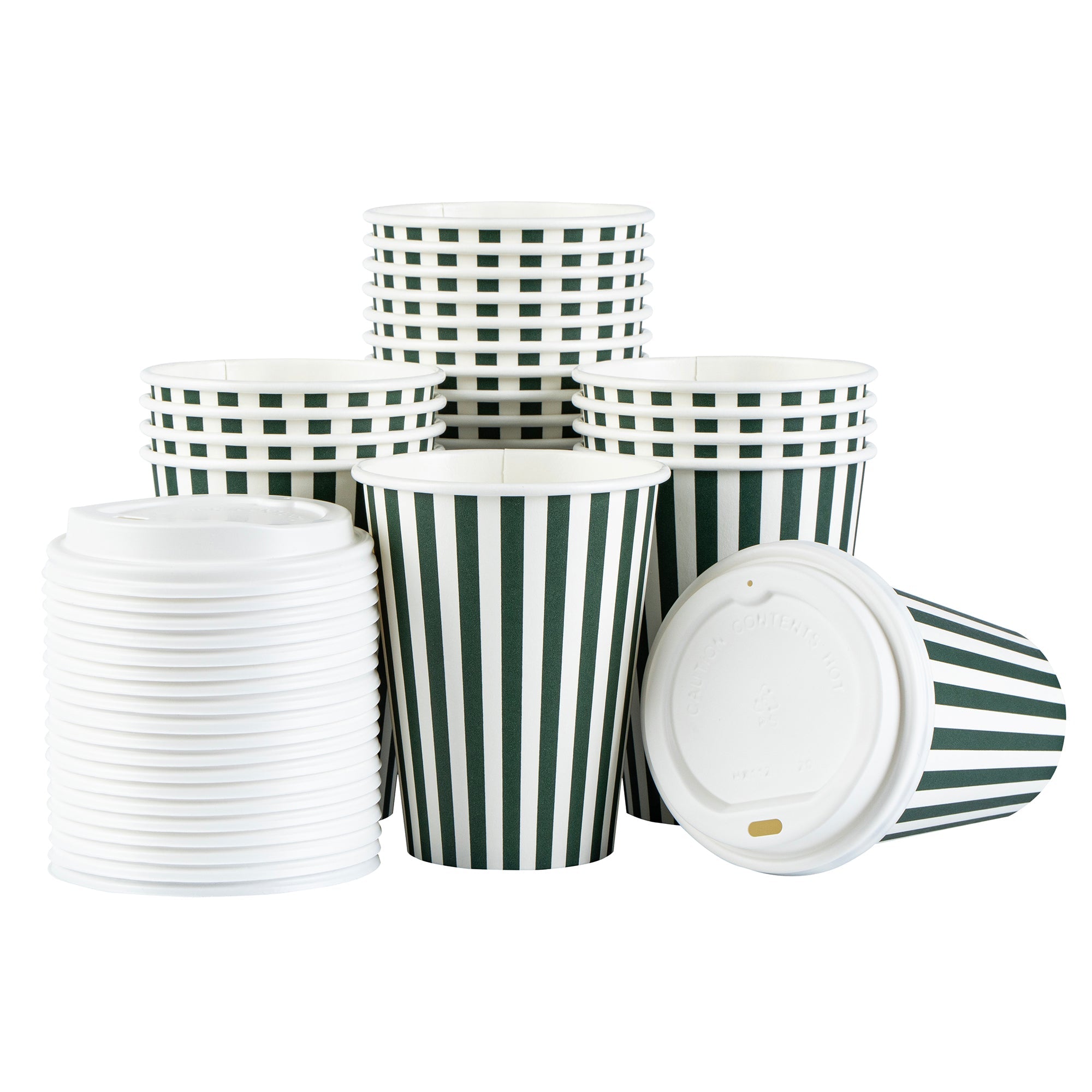 Restpresso 12 oz Forest Green and White Stripe Paper Single Wall Coffee Cup - with White Lid - 3 1/2"x 3 1/2"x 4 3/4" - 20 count box