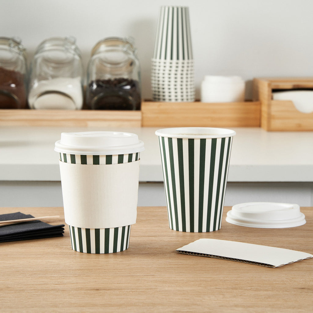 Restpresso 12 oz Forest Green and White Stripe Paper Single Wall Coffee Cup - with White Lid - 3 1/2"x 3 1/2"x 4 3/4" - 20 count box