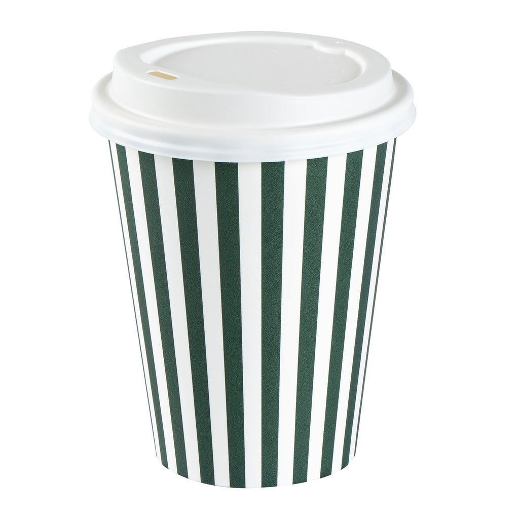Restpresso 12 oz Forest Green and White Stripe Paper Single Wall Coffee Cup - with White Lid - 3 1/2"x 3 1/2"x 4 3/4" - 400 count box