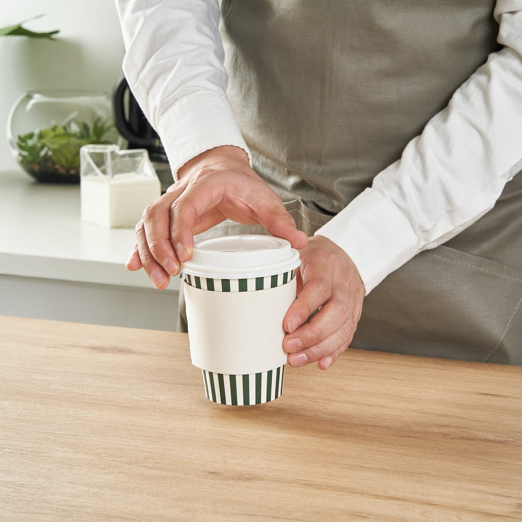 Restpresso 12 oz Forest Green and White Stripe Paper Single Wall Coffee Cup - with White Lid - 3 1/2"x 3 1/2"x 4 3/4" - 400 count box