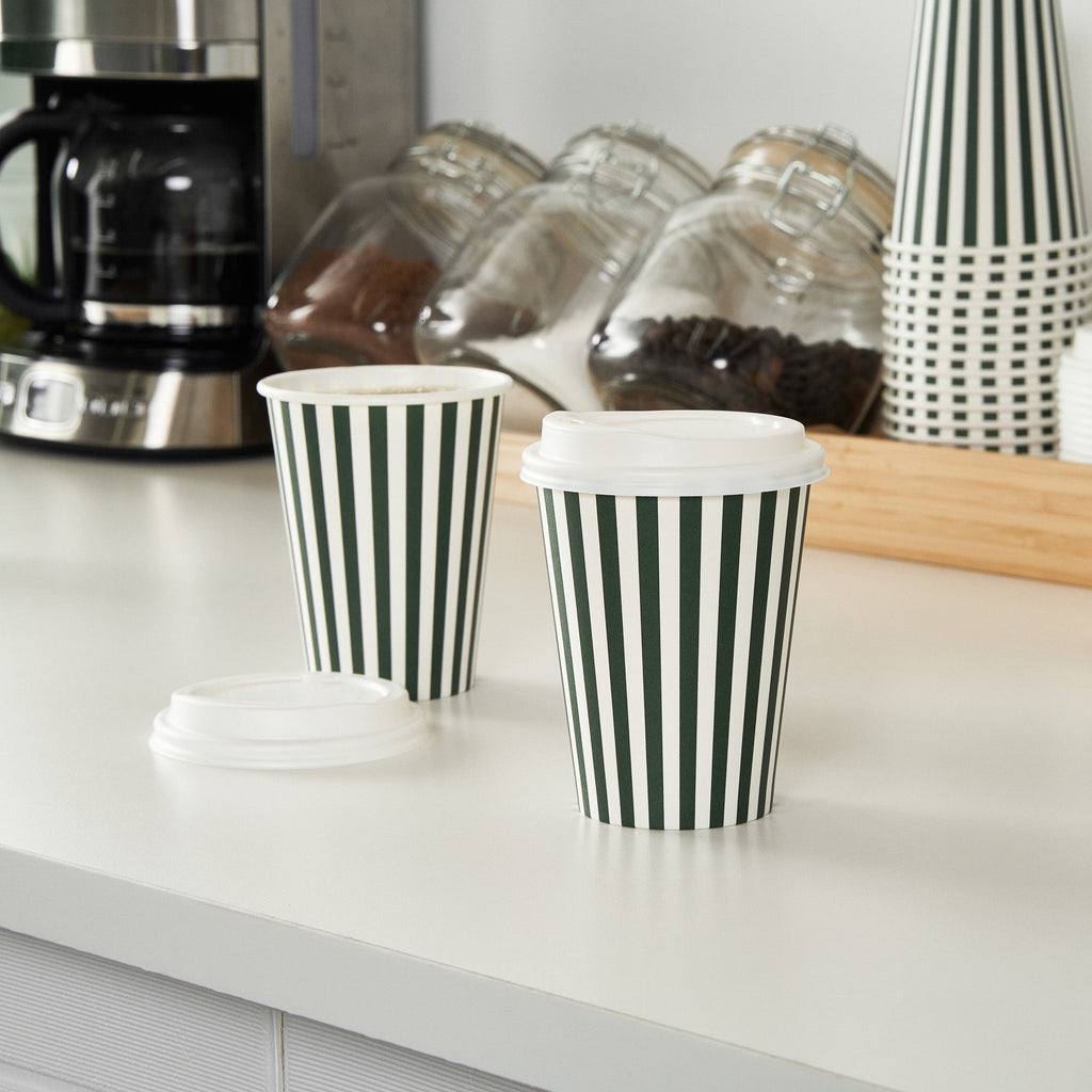 Restpresso 12 oz Forest Green and White Stripe Paper Single Wall Coffee Cup - with White Lid - 3 1/2"x 3 1/2"x 4 3/4" - 400 count box