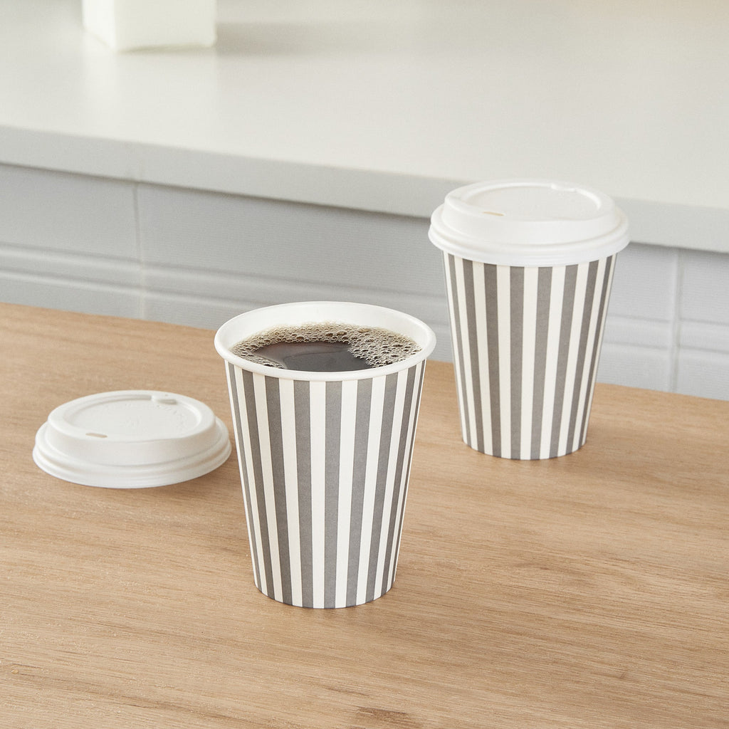 Restpresso 12 oz Gray and White Stripe Paper Single Wall Coffee Cup - with White Lid - 3 1/2"x 3 1/2"x 4 3/4" - 20 count box