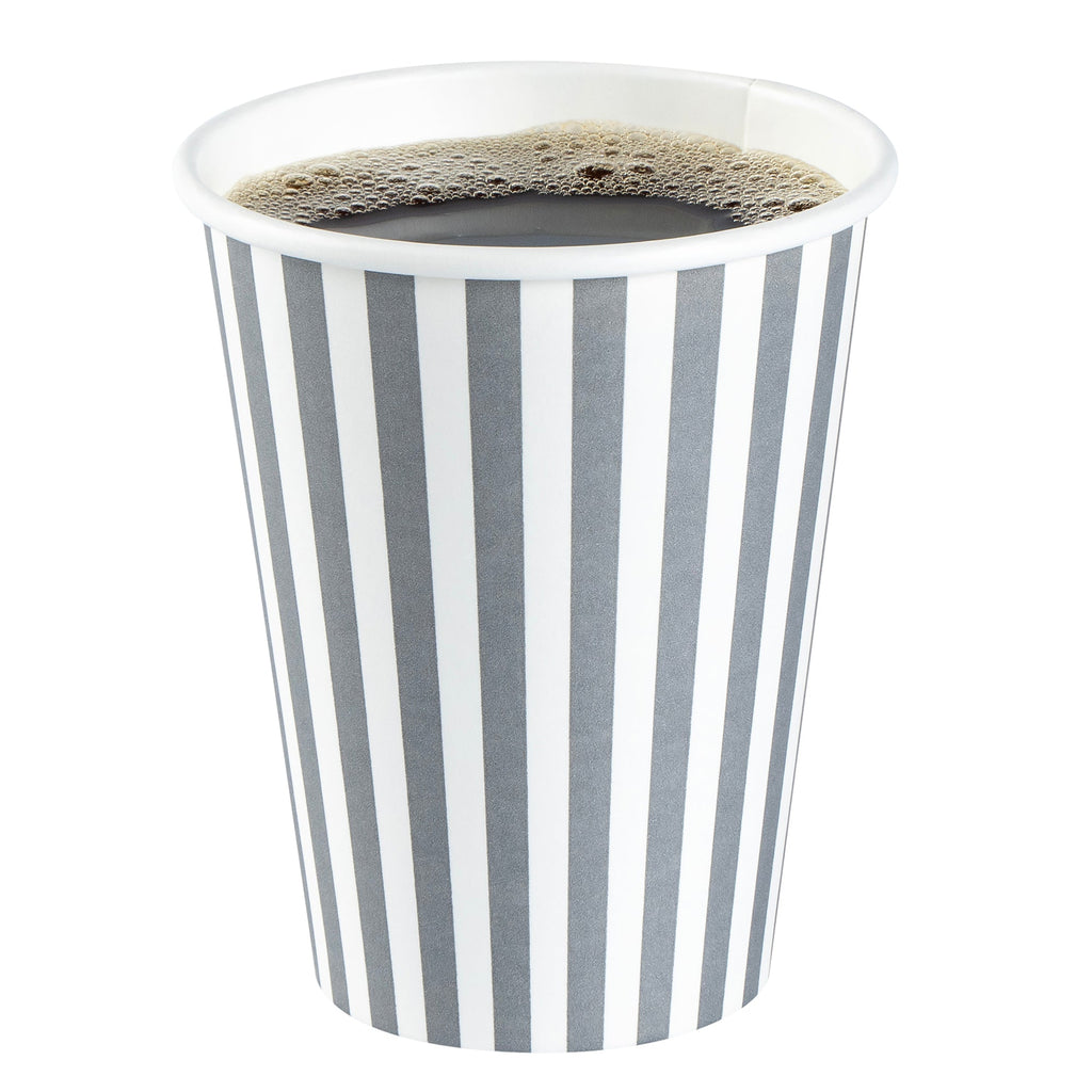 Restpresso 12 oz Gray and White Stripe Paper Single Wall Coffee Cup - with White Lid - 3 1/2"x 3 1/2"x 4 3/4" - 20 count box