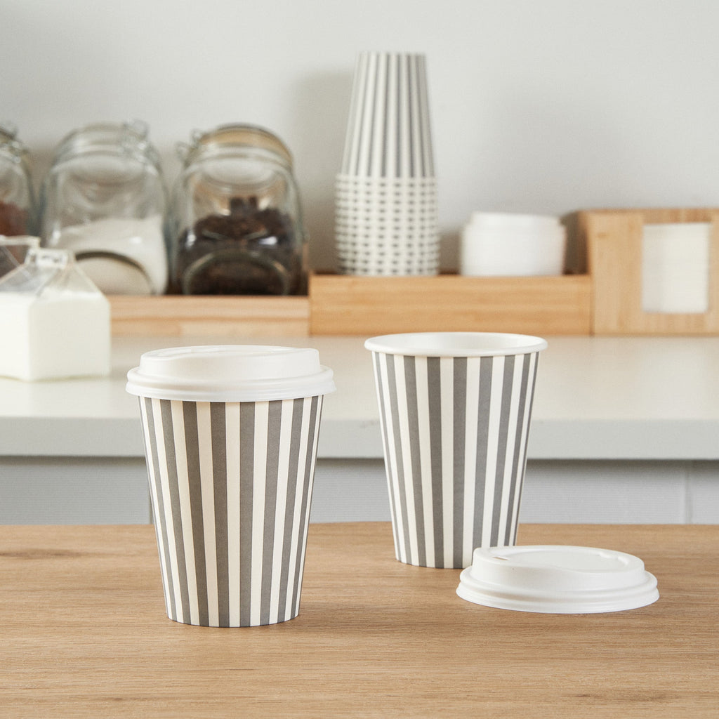 Restpresso 12 oz Gray and White Stripe Paper Single Wall Coffee Cup - with White Lid - 3 1/2"x 3 1/2"x 4 3/4" - 20 count box