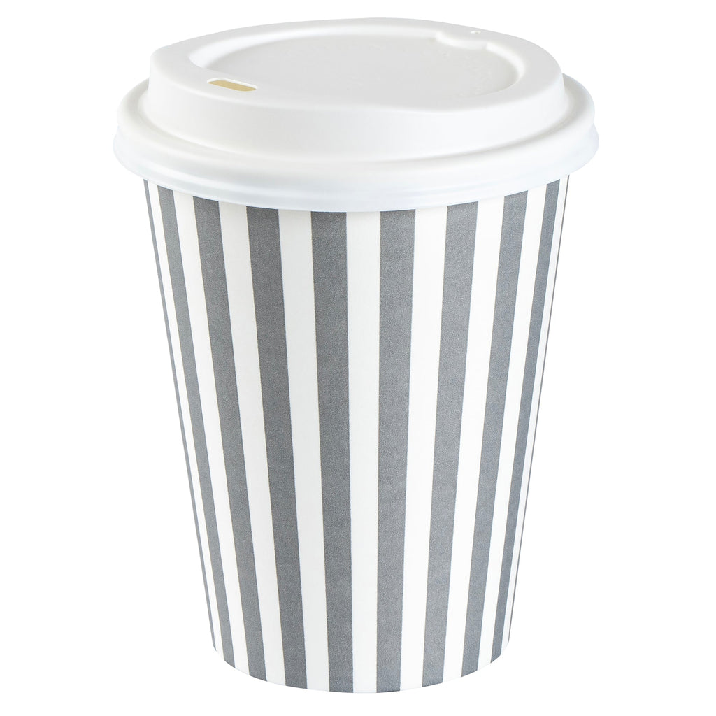 Restpresso 12 oz Gray and White Stripe Paper Single Wall Coffee Cup - with White Lid - 3 1/2"x 3 1/2"x 4 3/4" - 400 count box