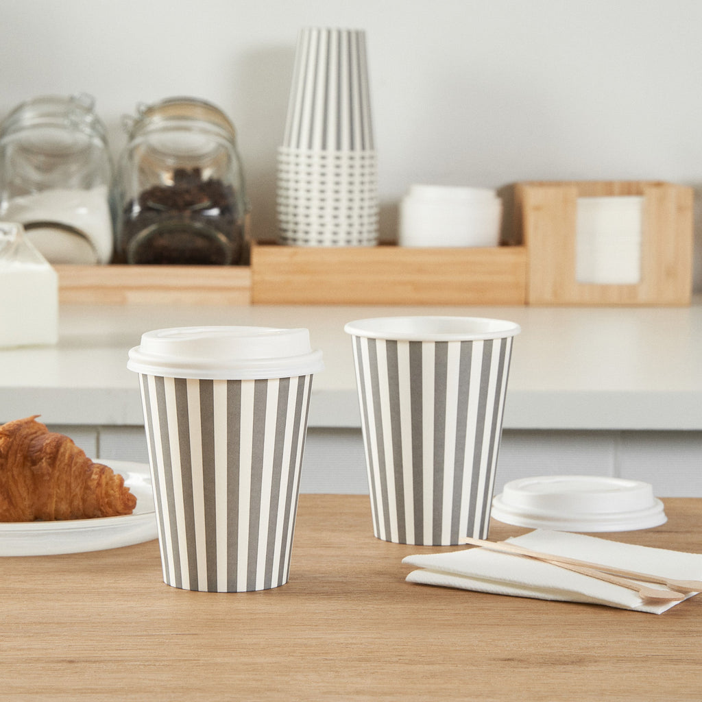 Restpresso 12 oz Gray and White Stripe Paper Single Wall Coffee Cup - with White Lid - 3 1/2"x 3 1/2"x 4 3/4" - 400 count box