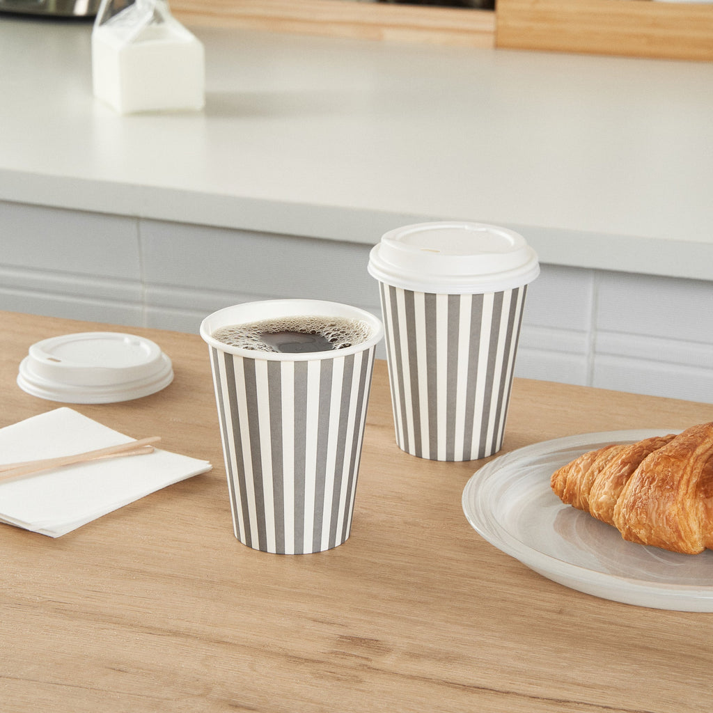 Restpresso 12 oz Gray and White Stripe Paper Single Wall Coffee Cup - with White Lid - 3 1/2"x 3 1/2"x 4 3/4" - 400 count box