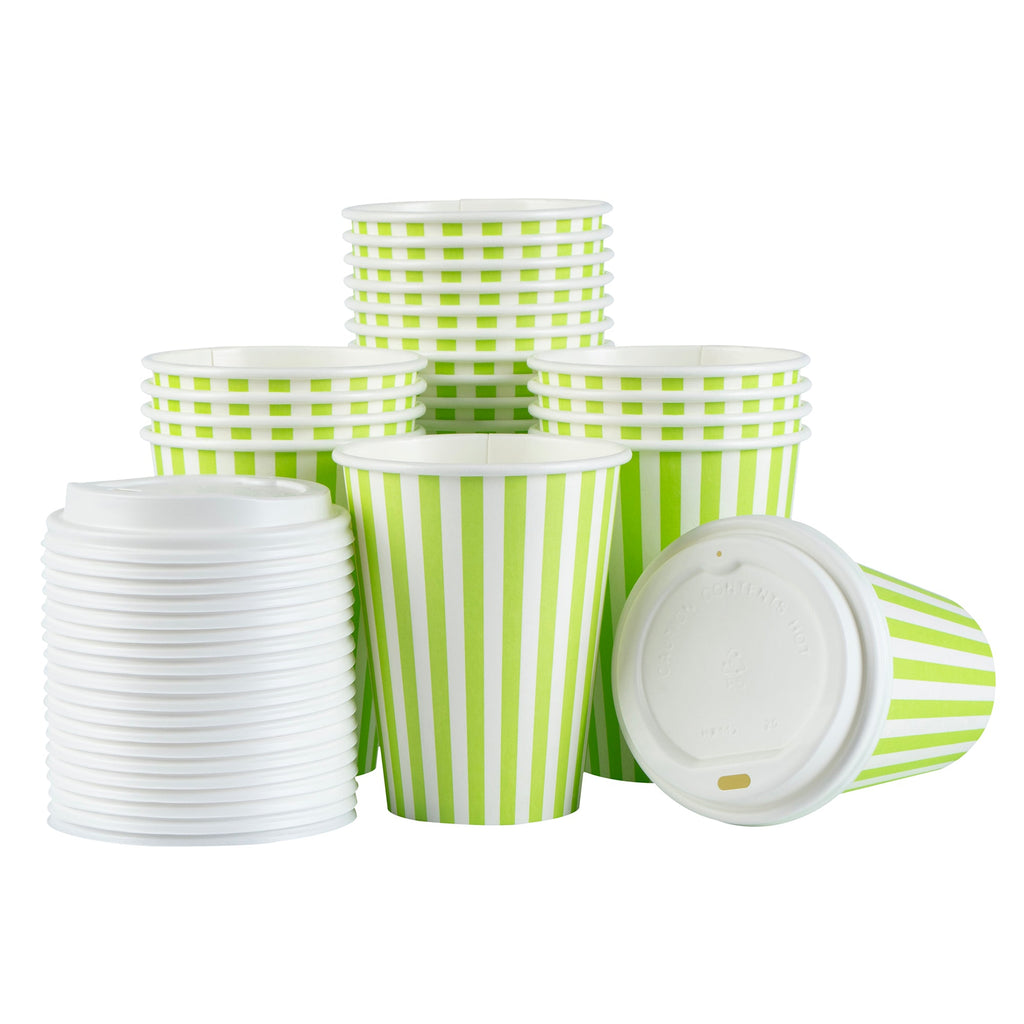 Restpresso 12 oz Green and White Stripe Paper Single Wall Coffee Cup - with White Lid - 3 1/2"x 3 1/2"x 4 3/4" - 20 count box