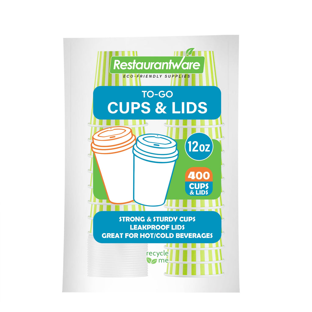 Restpresso 12 oz Green and White Stripe Paper Single Wall Coffee Cup - with White Lid - 3 1/2"x 3 1/2"x 4 3/4" - 20 count box