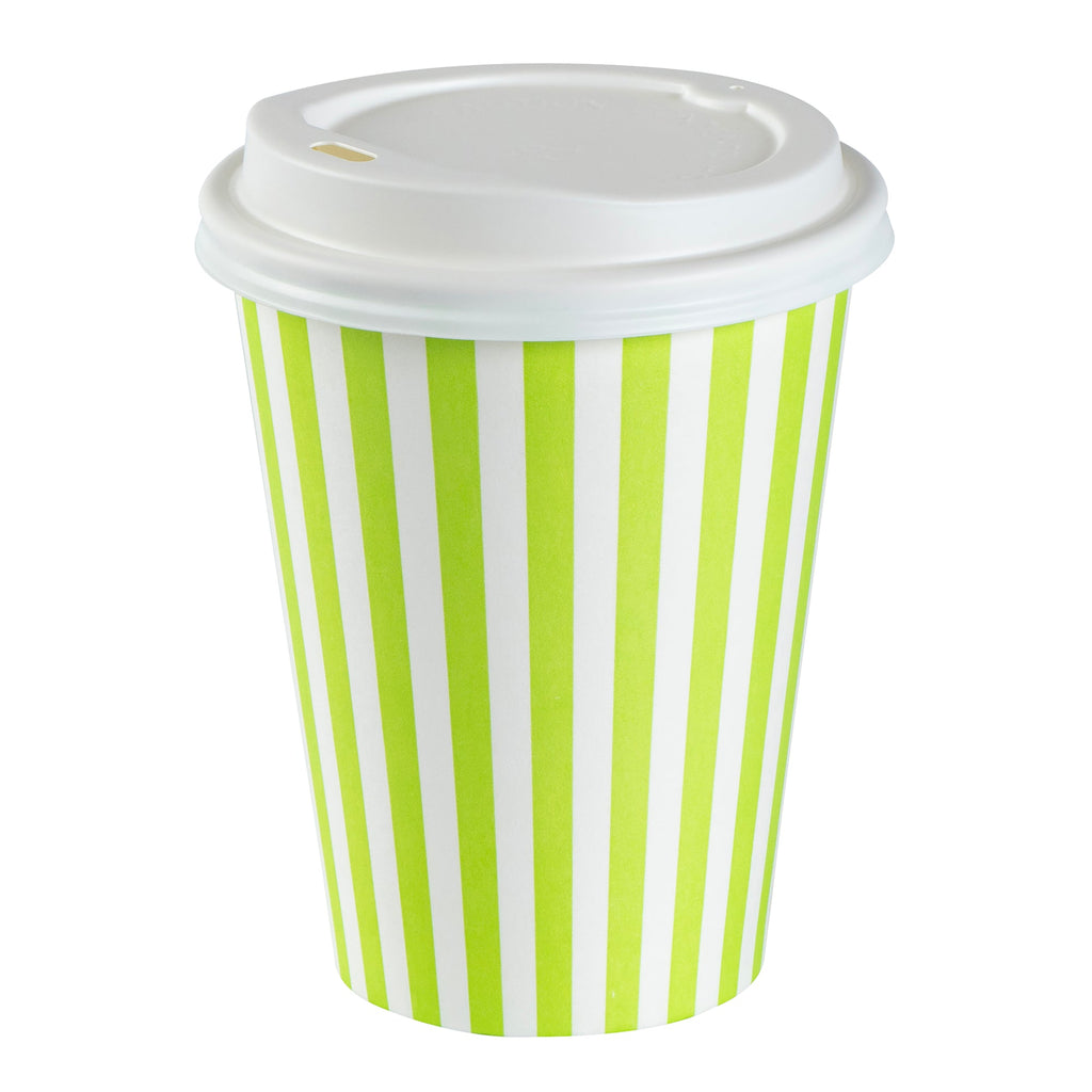 Restpresso 12 oz Green and White Stripe Paper Single Wall Coffee Cup - with White Lid - 3 1/2"x 3 1/2"x 4 3/4" - 20 count box