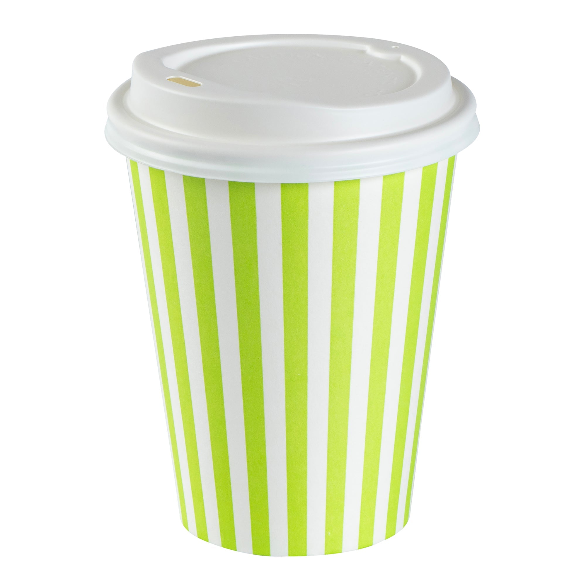 Restpresso 12 oz Green and White Stripe Paper Single Wall Coffee Cup - with White Lid - 3 1/2"x 3 1/2"x 4 3/4" - 20 count box