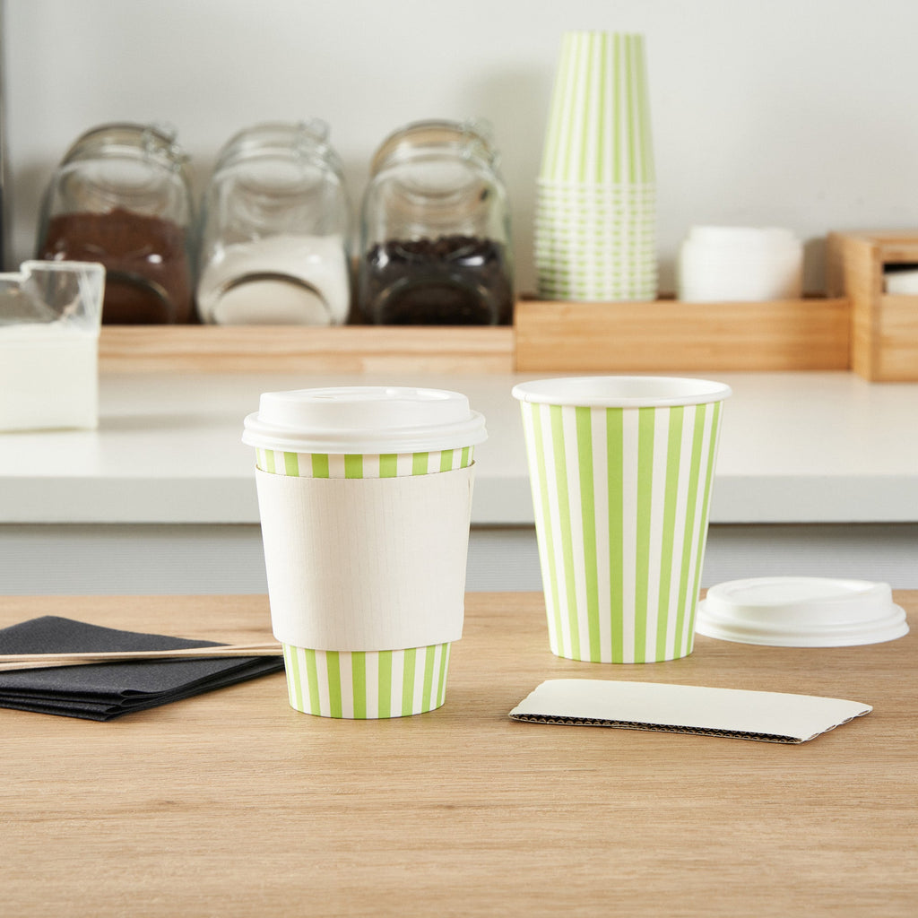 Restpresso 12 oz Green and White Stripe Paper Single Wall Coffee Cup - with White Lid - 3 1/2"x 3 1/2"x 4 3/4" - 20 count box