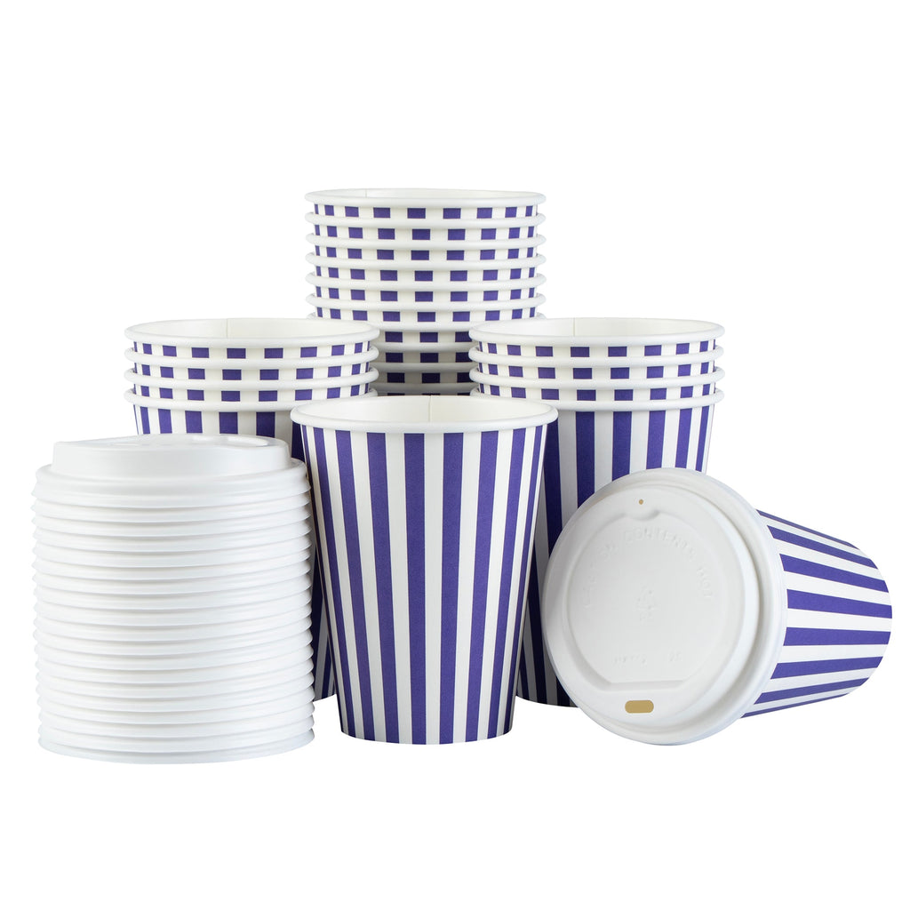 Restpresso 12 oz Purple and White Stripe Paper Single Wall Coffee Cup - with White Lid - 3 1/2"x 3 1/2"x 4 3/4" - 20 count box