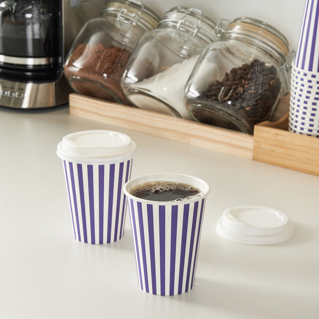 Restpresso 12 oz Purple and White Stripe Paper Single Wall Coffee Cup - with White Lid - 3 1/2"x 3 1/2"x 4 3/4" - 20 count box