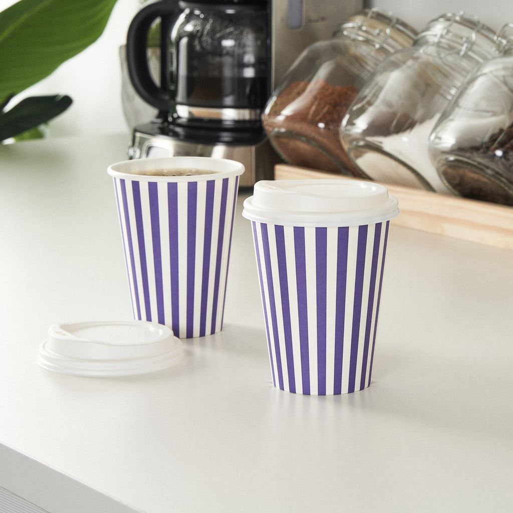 Restpresso 12 oz Purple and White Stripe Paper Single Wall Coffee Cup - with White Lid - 3 1/2"x 3 1/2"x 4 3/4" - 20 count box