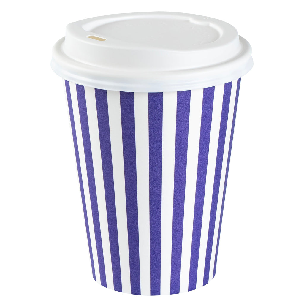 Restpresso 12 oz Purple and White Stripe Paper Single Wall Coffee Cup - with White Lid - 3 1/2"x 3 1/2"x 4 3/4" - 400 count box