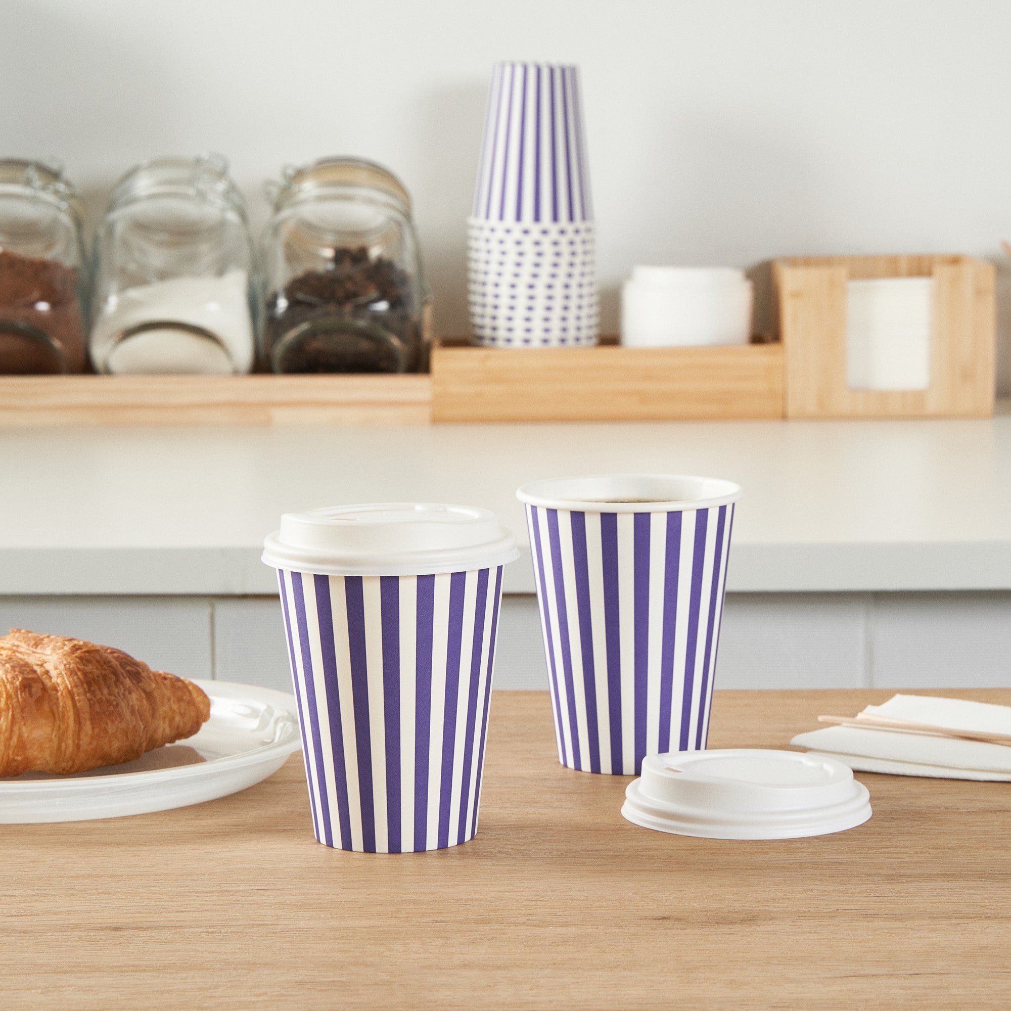 Restpresso 12 oz Purple and White Stripe Paper Single Wall Coffee Cup - with White Lid - 3 1/2"x 3 1/2"x 4 3/4" - 400 count box