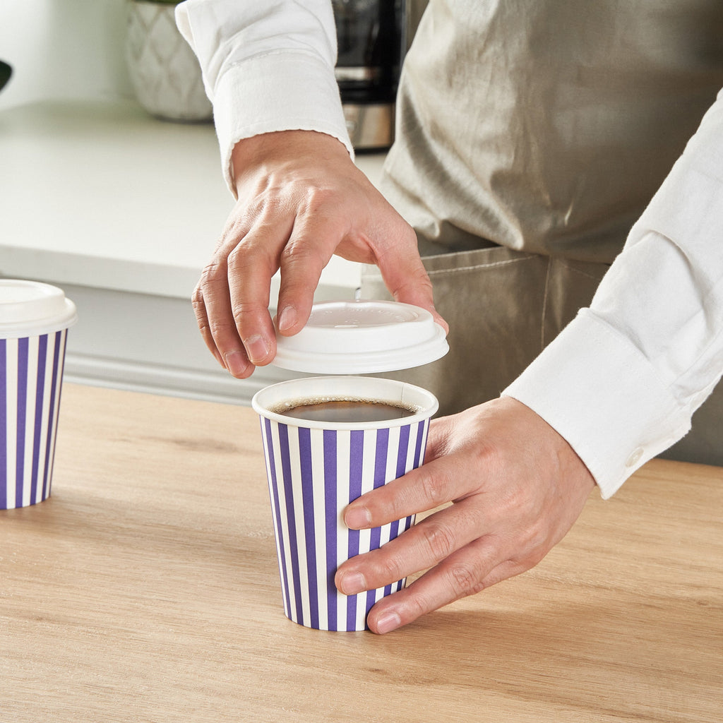 Restpresso 12 oz Purple and White Stripe Paper Single Wall Coffee Cup - with White Lid - 3 1/2"x 3 1/2"x 4 3/4" - 400 count box