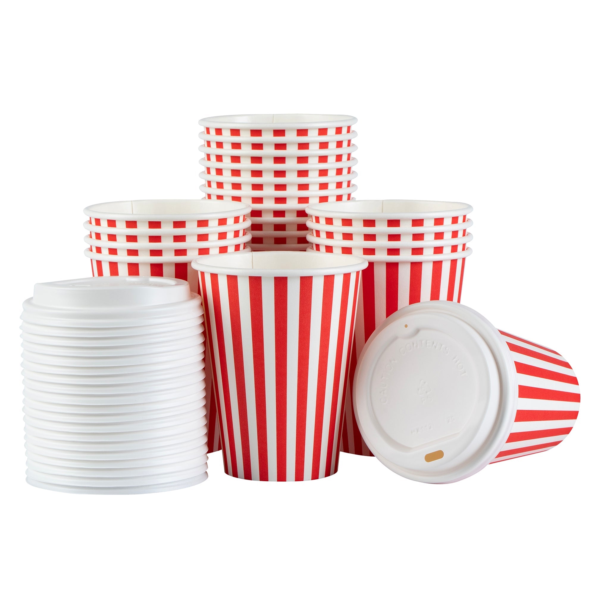 Restpresso 12 oz Red and White Stripe Paper Single Wall Coffee Cup - with White Lid - 3 1/2"x 3 1/2"x 4 3/4" - 20 count box