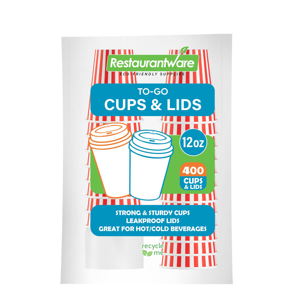 Restpresso 12 oz Red and White Stripe Paper Single Wall Coffee Cup - with White Lid - 3 1/2"x 3 1/2"x 4 3/4" - 20 count box