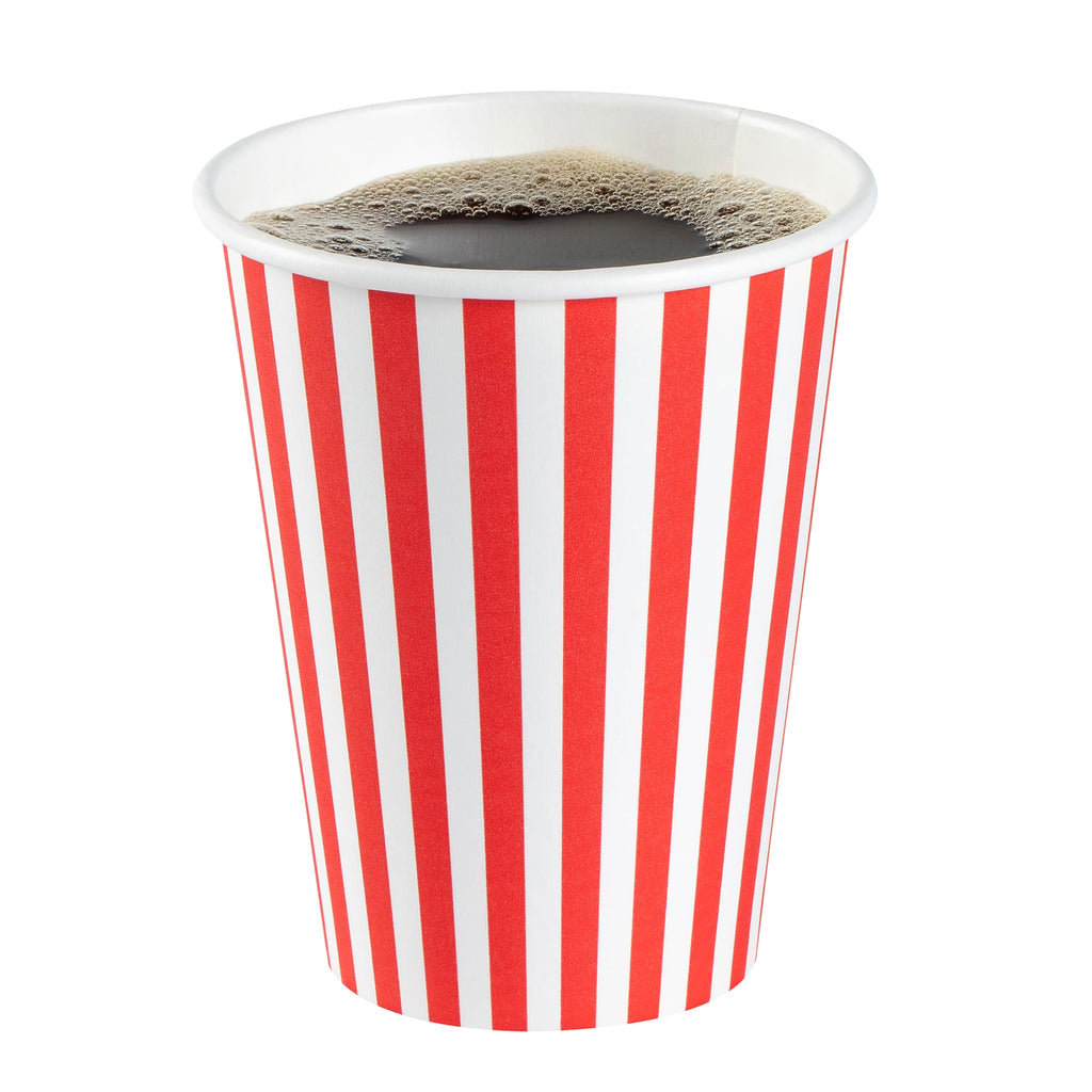 Restpresso 12 oz Red and White Stripe Paper Single Wall Coffee Cup - with White Lid - 3 1/2"x 3 1/2"x 4 3/4" - 20 count box