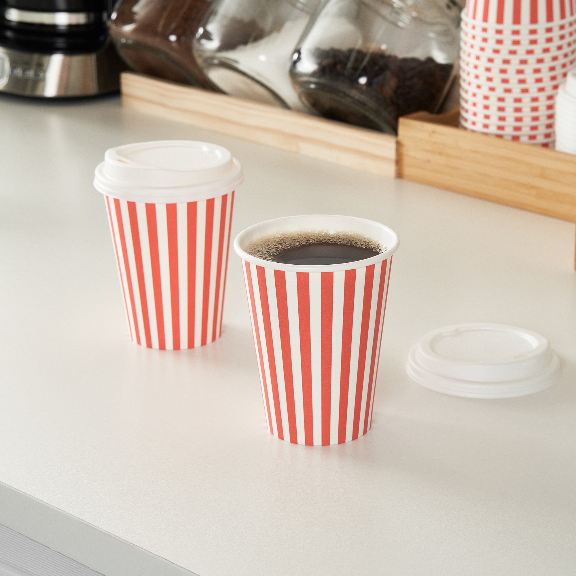 Restpresso 12 oz Red and White Stripe Paper Single Wall Coffee Cup - with White Lid - 3 1/2"x 3 1/2"x 4 3/4" - 400 count box
