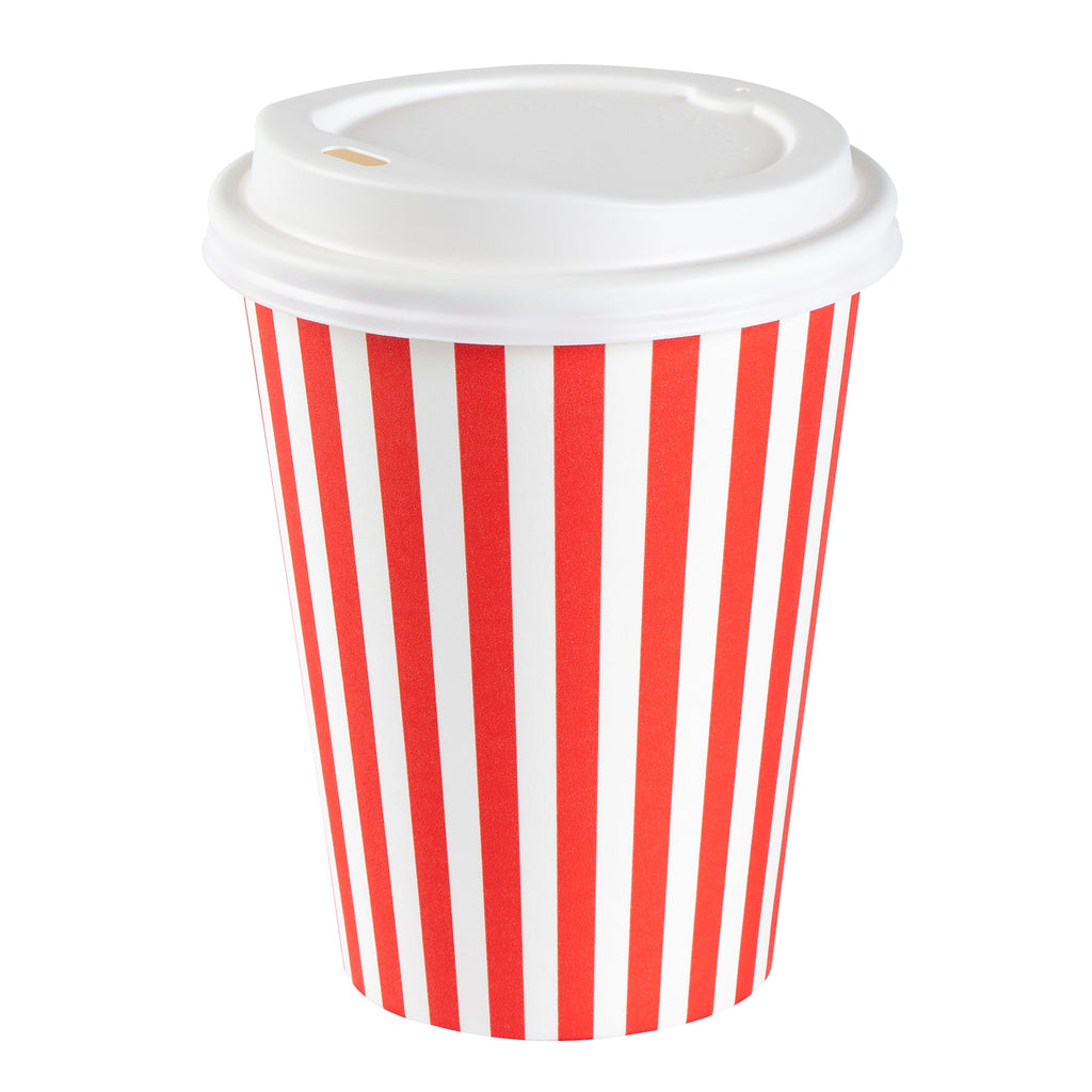 Restpresso 12 oz Red and White Stripe Paper Single Wall Coffee Cup - with White Lid - 3 1/2"x 3 1/2"x 4 3/4" - 400 count box
