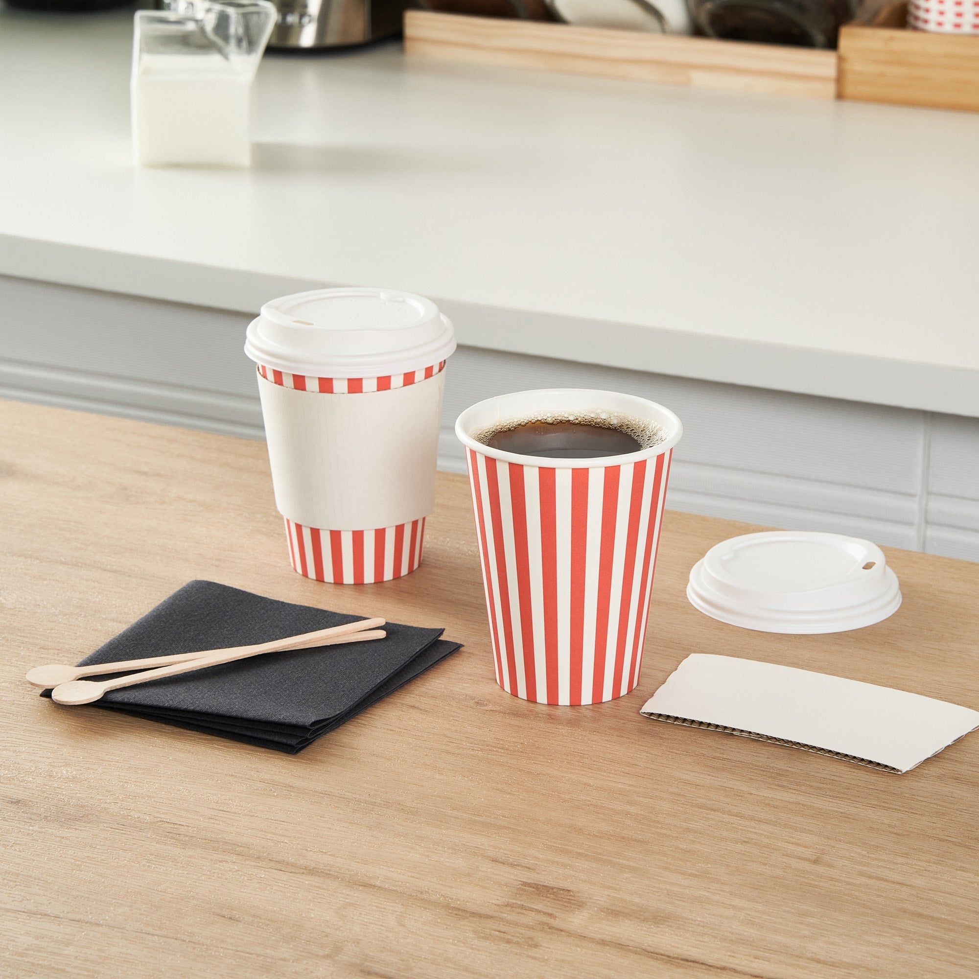 Restpresso 12 oz Red and White Stripe Paper Single Wall Coffee Cup - with White Lid - 3 1/2"x 3 1/2"x 4 3/4" - 400 count box