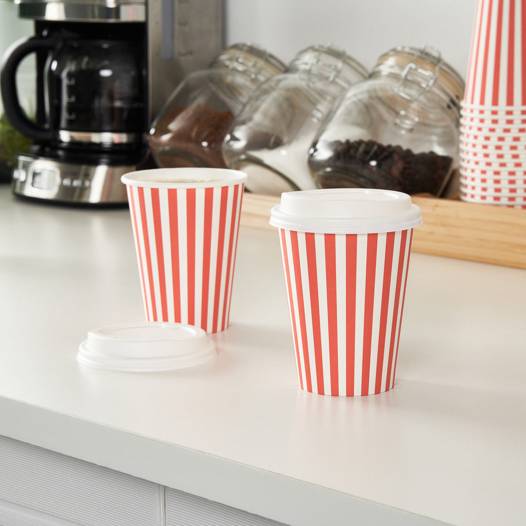 Restpresso 12 oz Red and White Stripe Paper Single Wall Coffee Cup - with White Lid - 3 1/2"x 3 1/2"x 4 3/4" - 400 count box