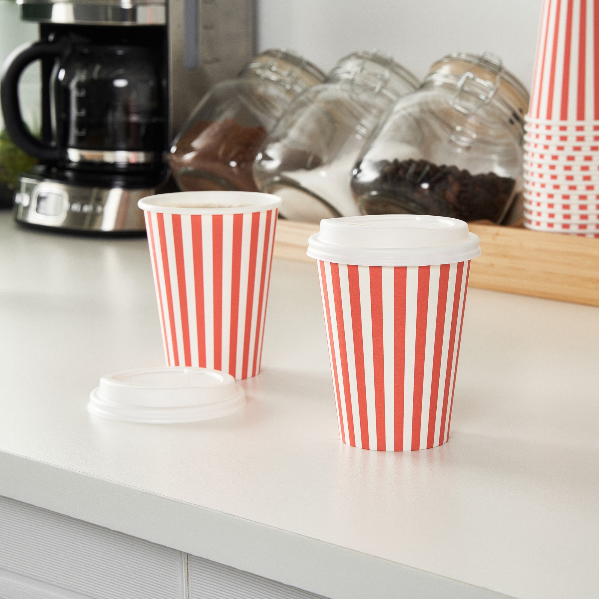Restpresso 12 oz Red and White Stripe Paper Single Wall Coffee Cup - with White Lid - 3 1/2"x 3 1/2"x 4 3/4" - 400 count box