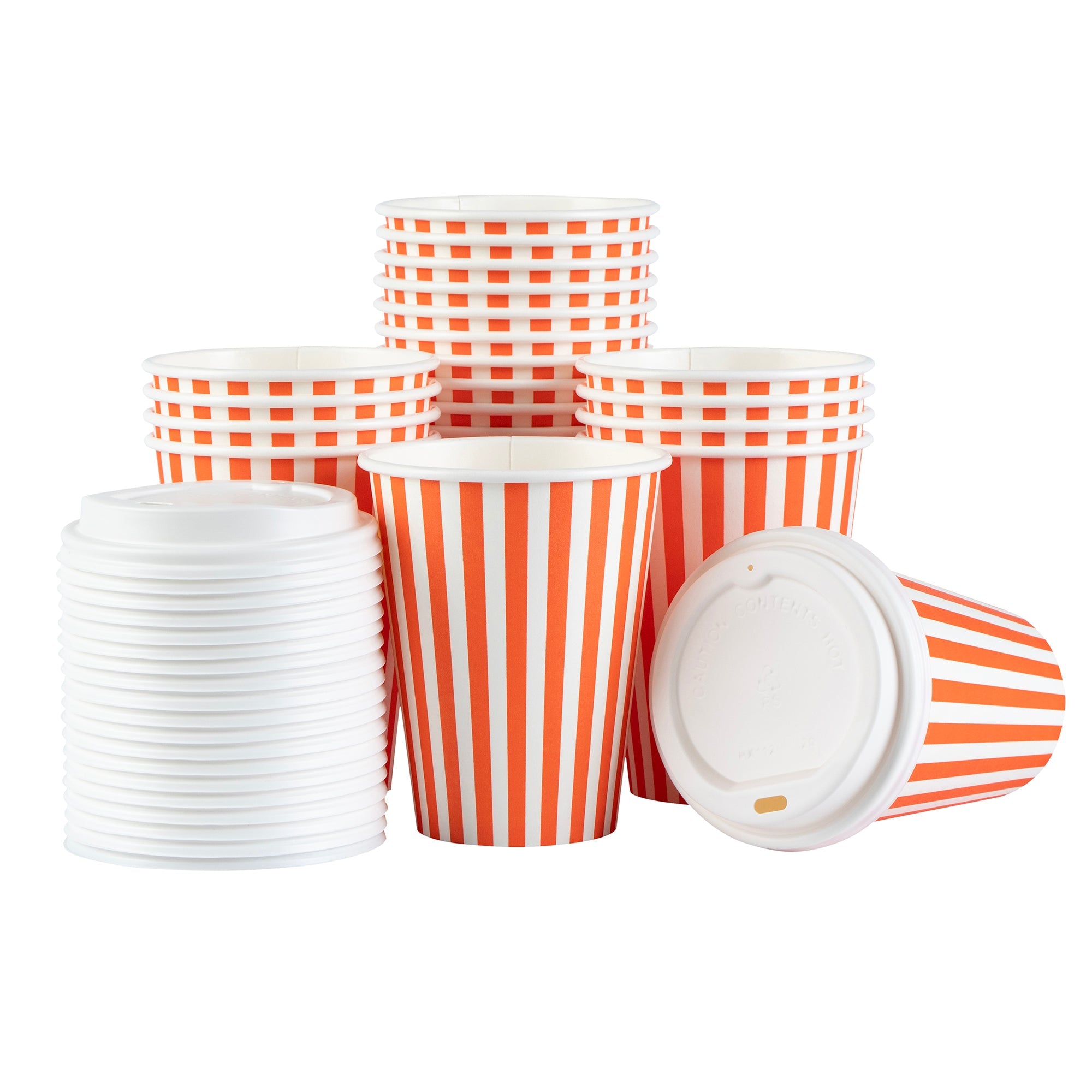 Restpresso 12 oz Orange and White Stripe Paper Single Wall Coffee Cup - with White Lid - 3 1/2"x 3 1/2"x 4 3/4" - 400 count box