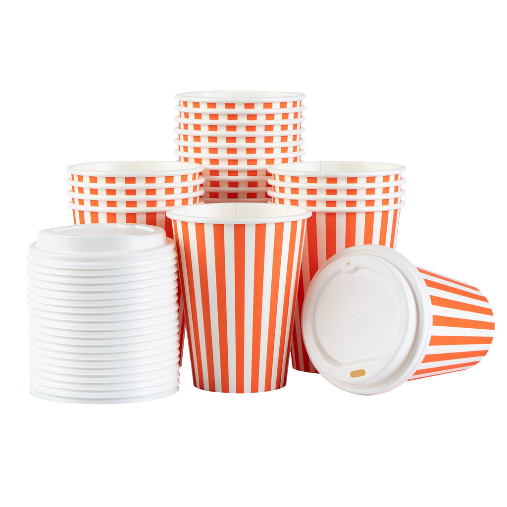 Restpresso 12 oz Orange and White Stripe Paper Single Wall Coffee Cup - with White Lid - 3 1/2"x 3 1/2"x 4 3/4" - 20 count box