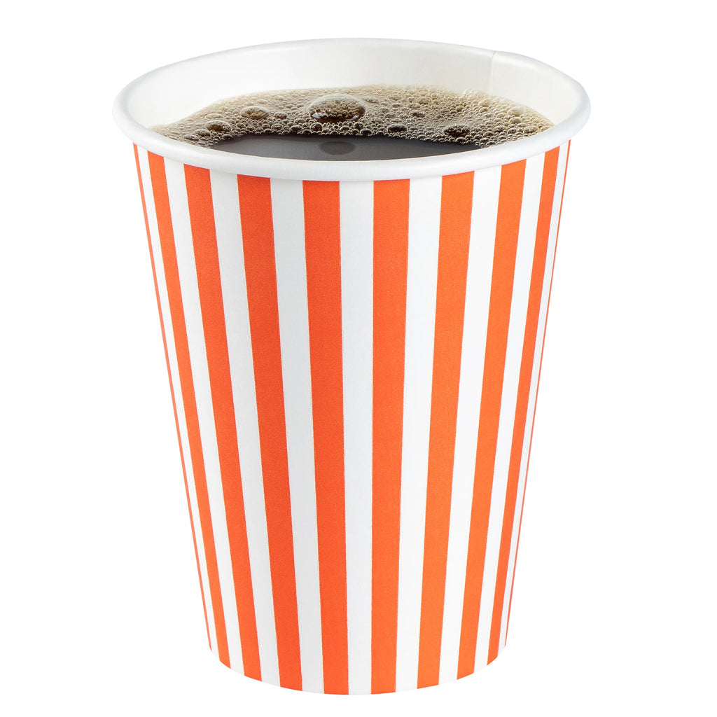 Restpresso 12 oz Orange and White Stripe Paper Single Wall Coffee Cup - with White Lid - 3 1/2"x 3 1/2"x 4 3/4" - 400 count box