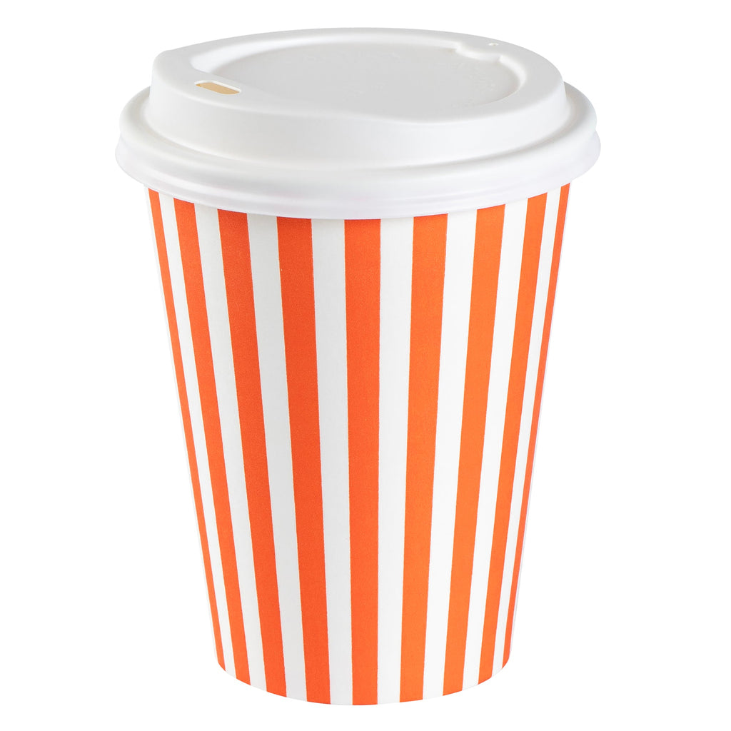 Restpresso 12 oz Orange and White Stripe Paper Single Wall Coffee Cup - with White Lid - 3 1/2"x 3 1/2"x 4 3/4" - 400 count box