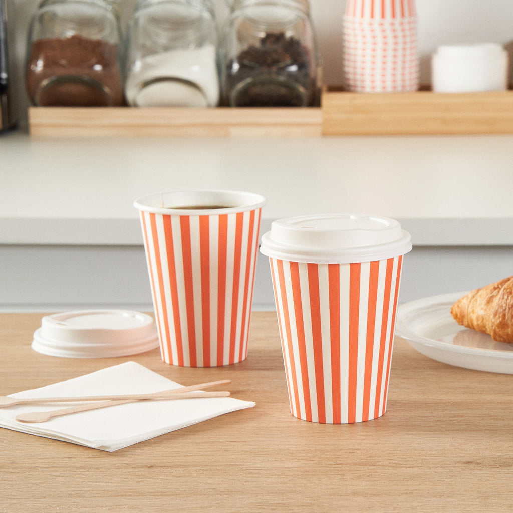 Restpresso 12 oz Orange and White Stripe Paper Single Wall Coffee Cup - with White Lid - 3 1/2"x 3 1/2"x 4 3/4" - 400 count box
