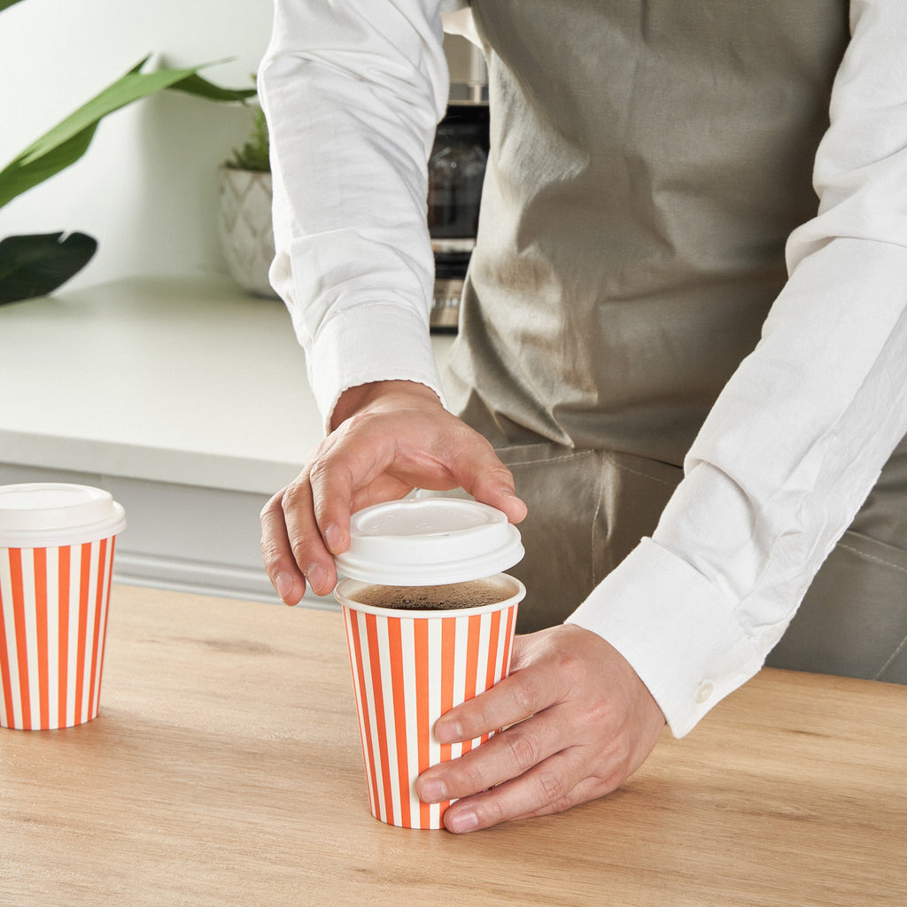 Restpresso 12 oz Orange and White Stripe Paper Single Wall Coffee Cup - with White Lid - 3 1/2"x 3 1/2"x 4 3/4" - 400 count box