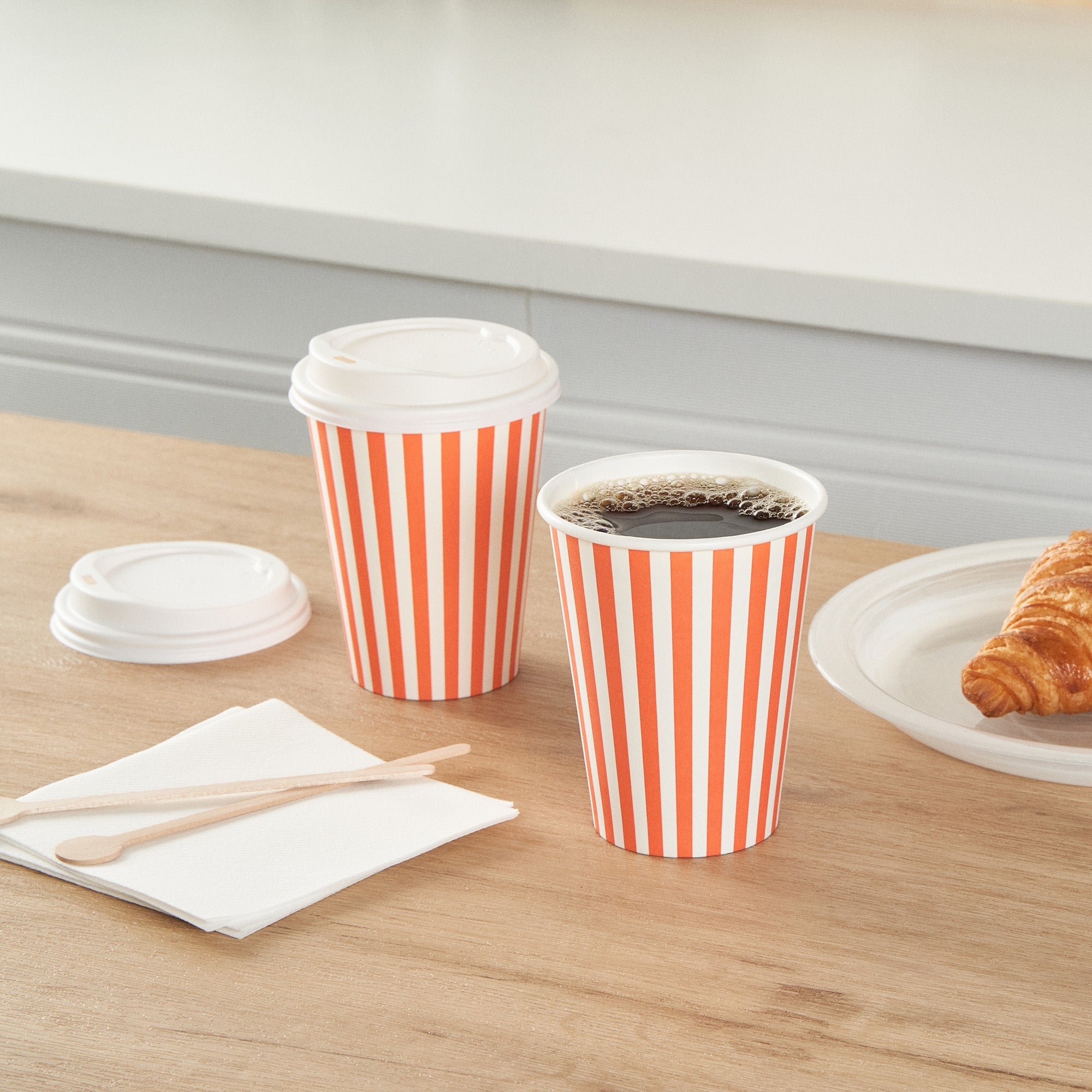Restpresso 12 oz Orange and White Stripe Paper Single Wall Coffee Cup - with White Lid - 3 1/2"x 3 1/2"x 4 3/4" - 400 count box