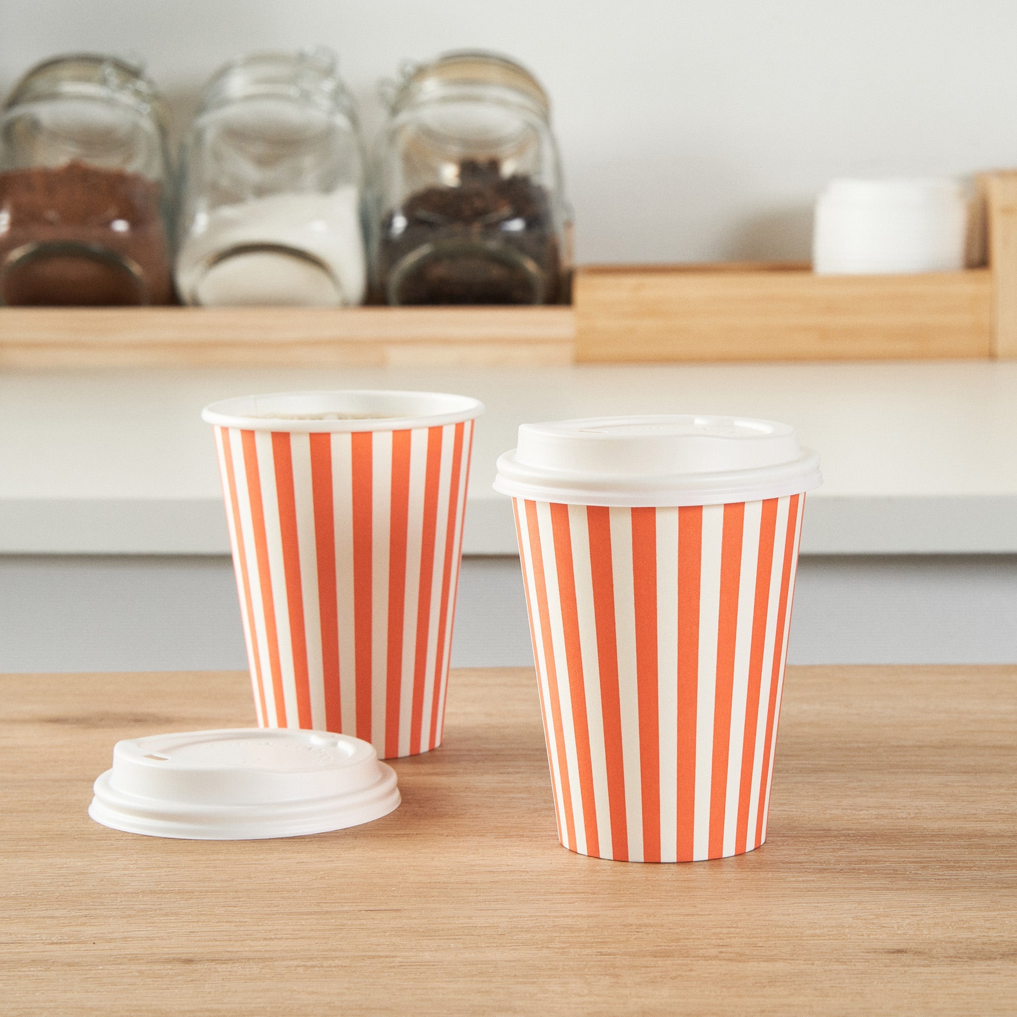 Restpresso 12 oz Orange and White Stripe Paper Single Wall Coffee Cup - with White Lid - 3 1/2"x 3 1/2"x 4 3/4" - 400 count box