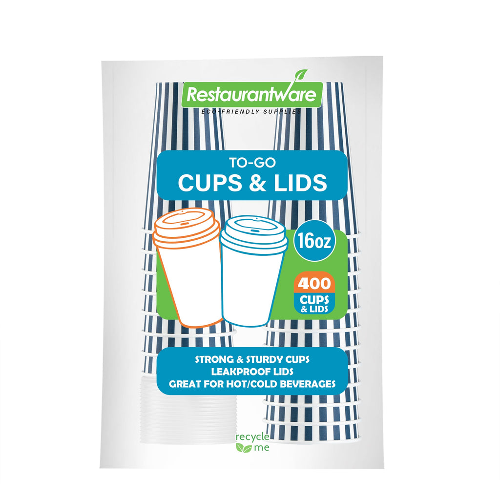 Restpresso 16 oz Blue and White Stripe Paper Single Wall Coffee Cup - with White Lid - 3 1/2"x 3 1/2"x 5 3/4" - 20 count box