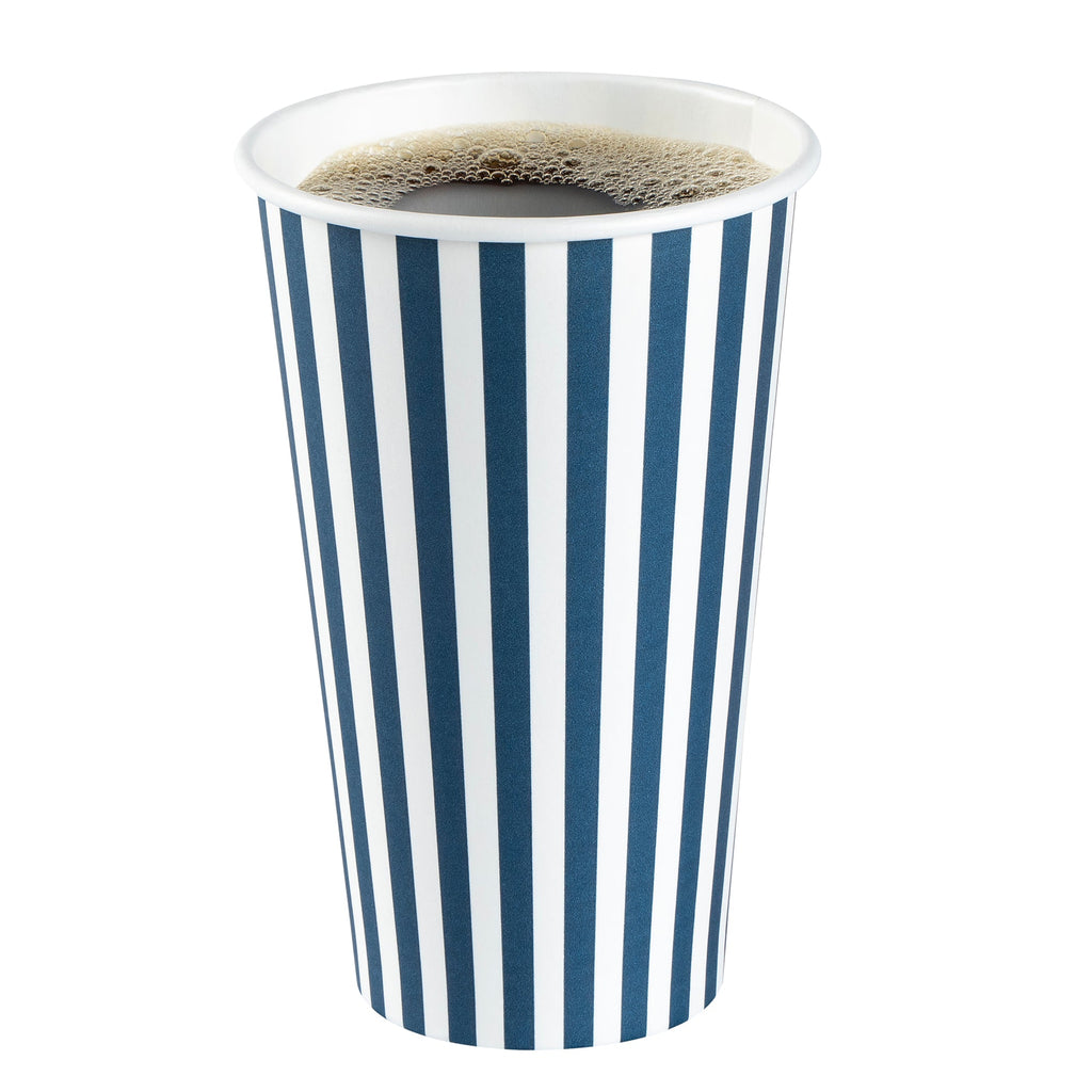 Restpresso 16 oz Blue and White Stripe Paper Single Wall Coffee Cup - with White Lid - 3 1/2"x 3 1/2"x 5 3/4" - 20 count box