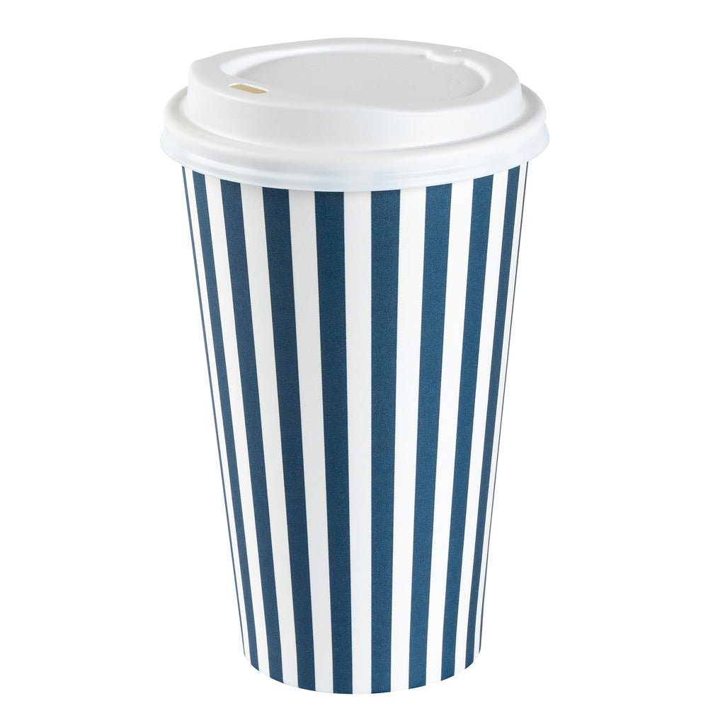 Restpresso 16 oz Blue and White Stripe Paper Single Wall Coffee Cup - with White Lid - 3 1/2"x 3 1/2"x 5 3/4" - 20 count box