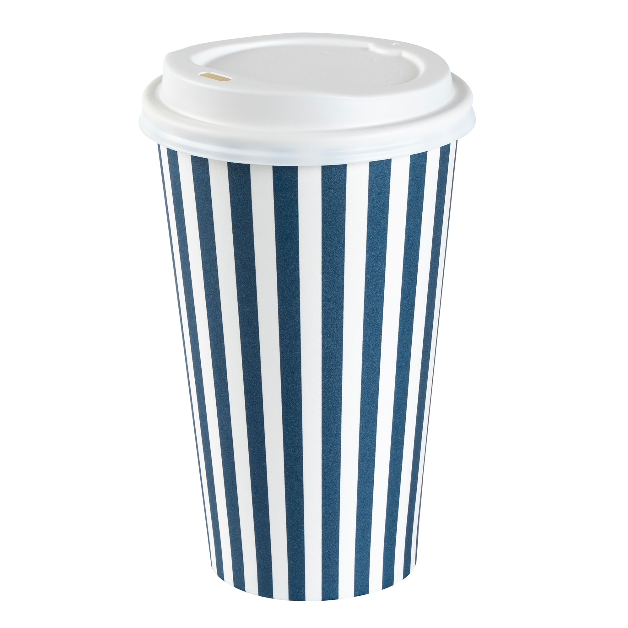 Restpresso 16 oz Blue and White Stripe Paper Single Wall Coffee Cup - with White Lid - 3 1/2"x 3 1/2"x 5 3/4" - 20 count box
