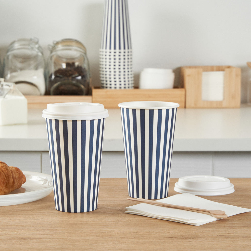 Restpresso 16 oz Blue and White Stripe Paper Single Wall Coffee Cup - with White Lid - 3 1/2"x 3 1/2"x 5 3/4" - 20 count box